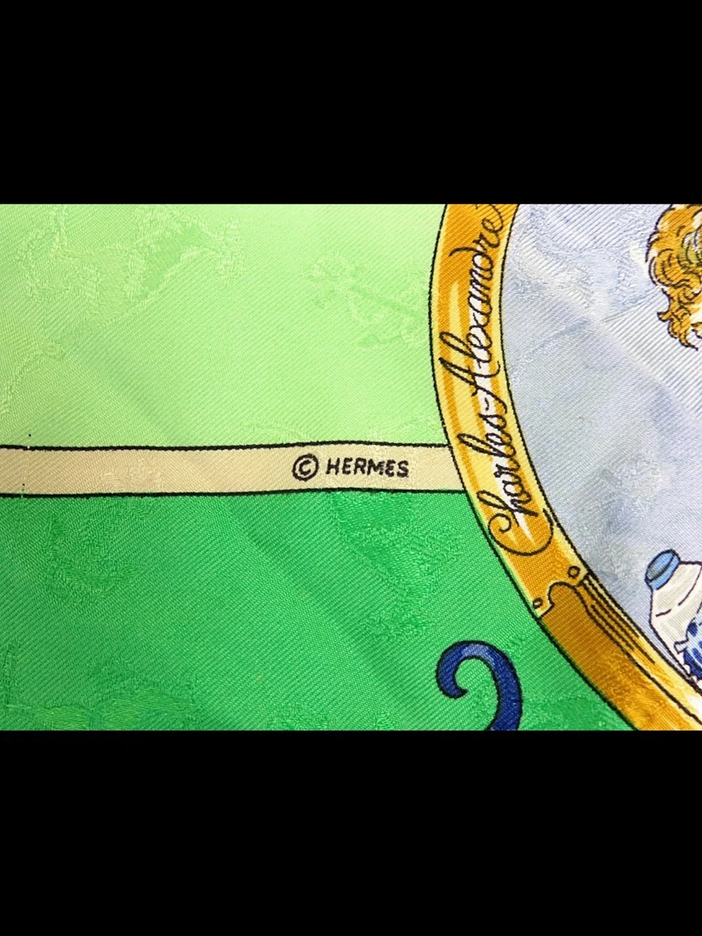 Hermes Green and Light Green Silk Scarf with Multicolor Motif